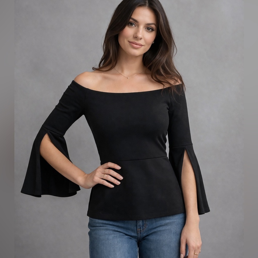 Susana Monaco Black Off Shoulder Bell Sleeve Stretch Top Size M